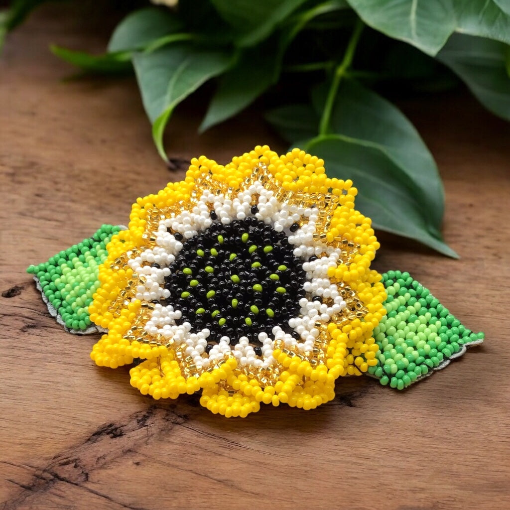Handmade Beaded Sunflower Hair Clip-Golden and White