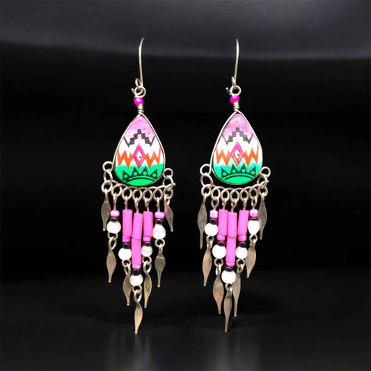 OldTribes™ Small Sized Southwestern Pink and Green Teardrop Earrings