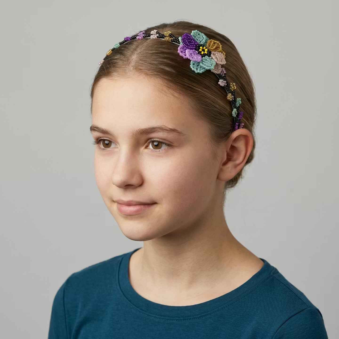 Beaded Headband with Flower Purple
