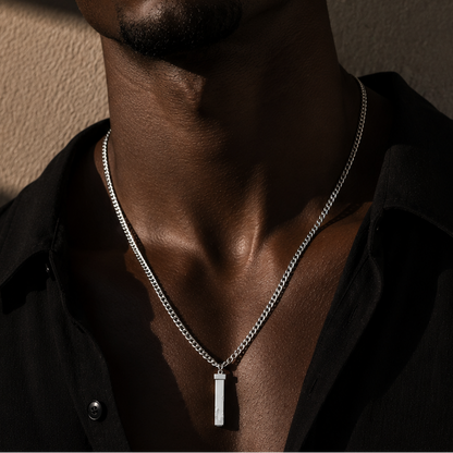 DAKARIA SILVER (White Gold): Chipped Effect Geometric Pendant on a Link Chain For Men & Women