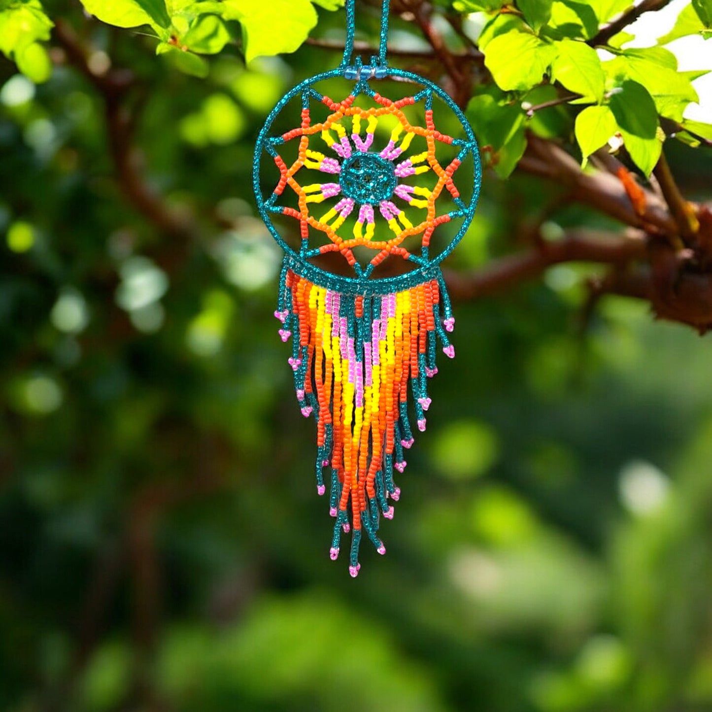 Green and Orange Celestial Beaded Handmade Dreamcatcher