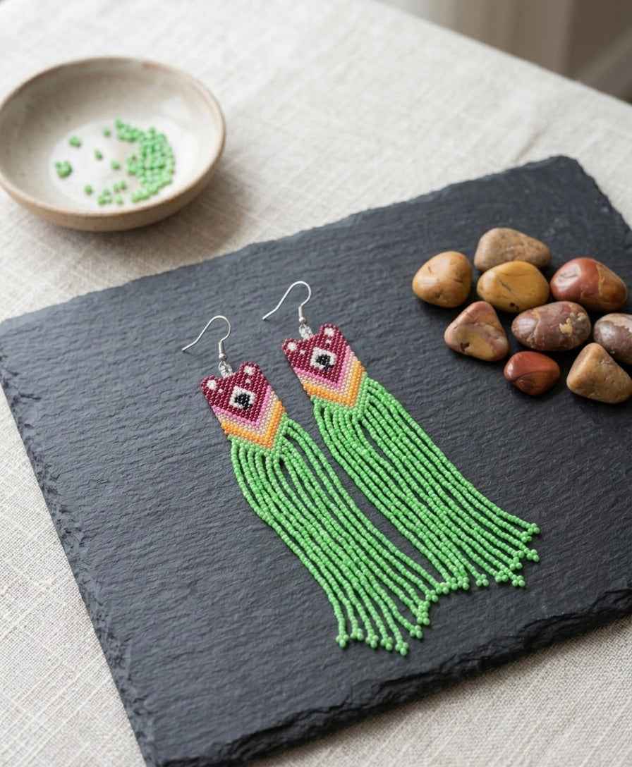 Red - Green Native Bear Beaded Earrings