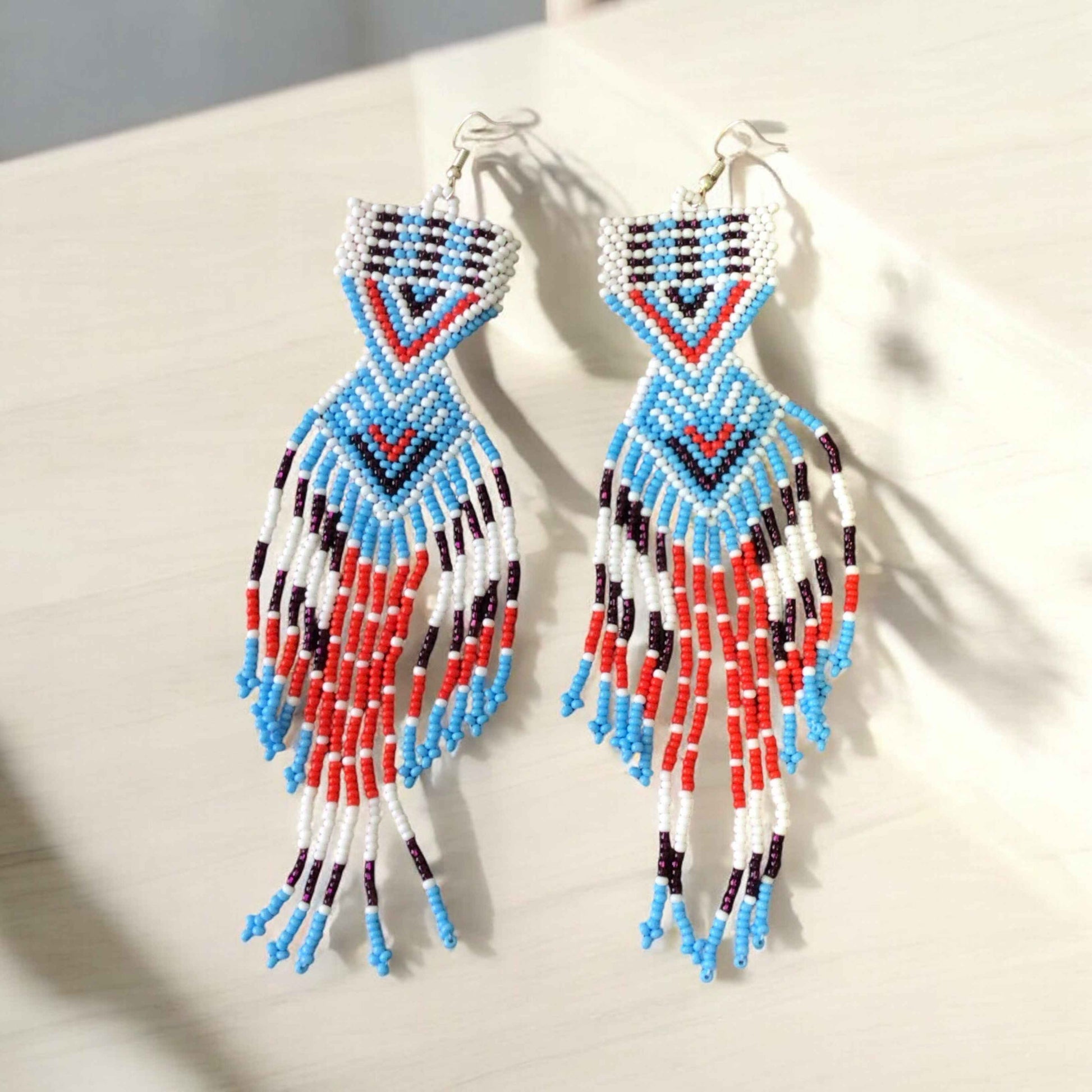 Red and blue Sunset Path Beaded Earrings
