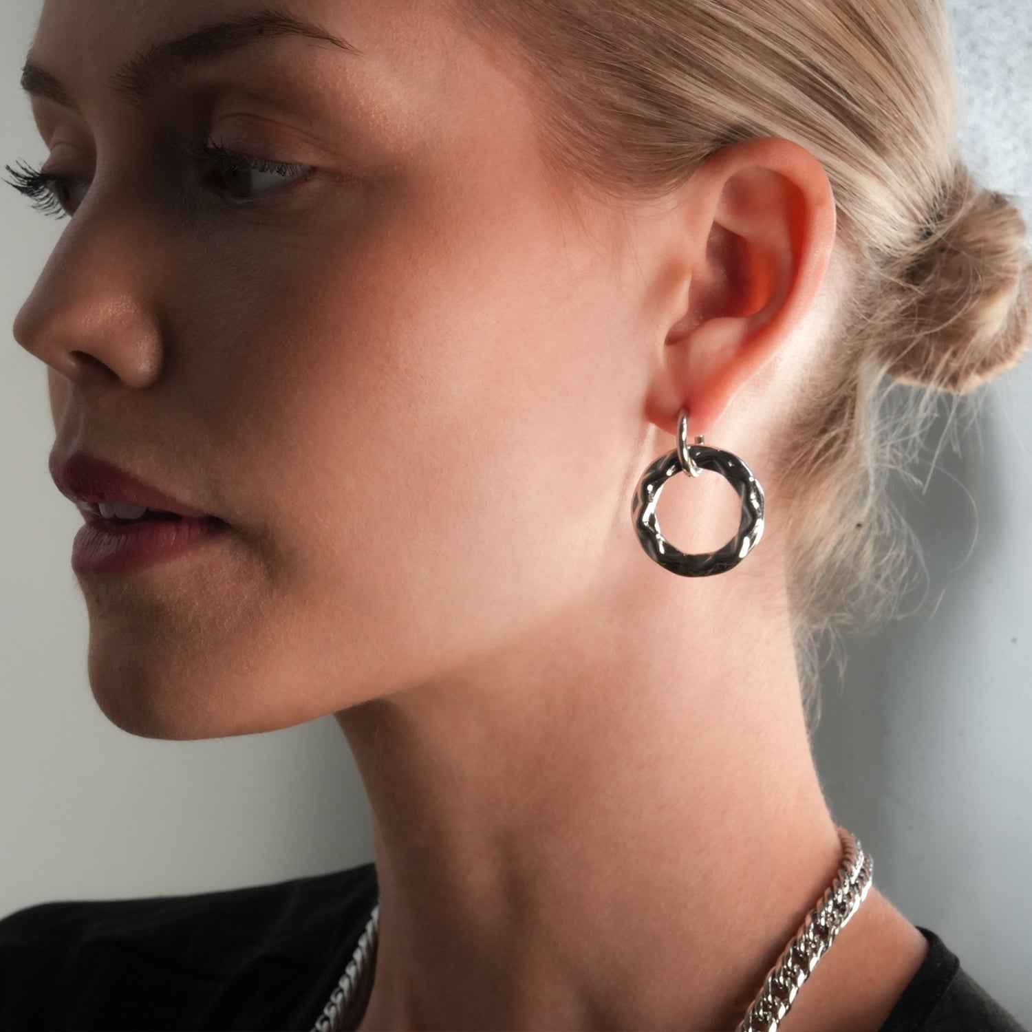 ELENA: Sculpted Texture Silver Toned (White Gold) Hoop Earrings