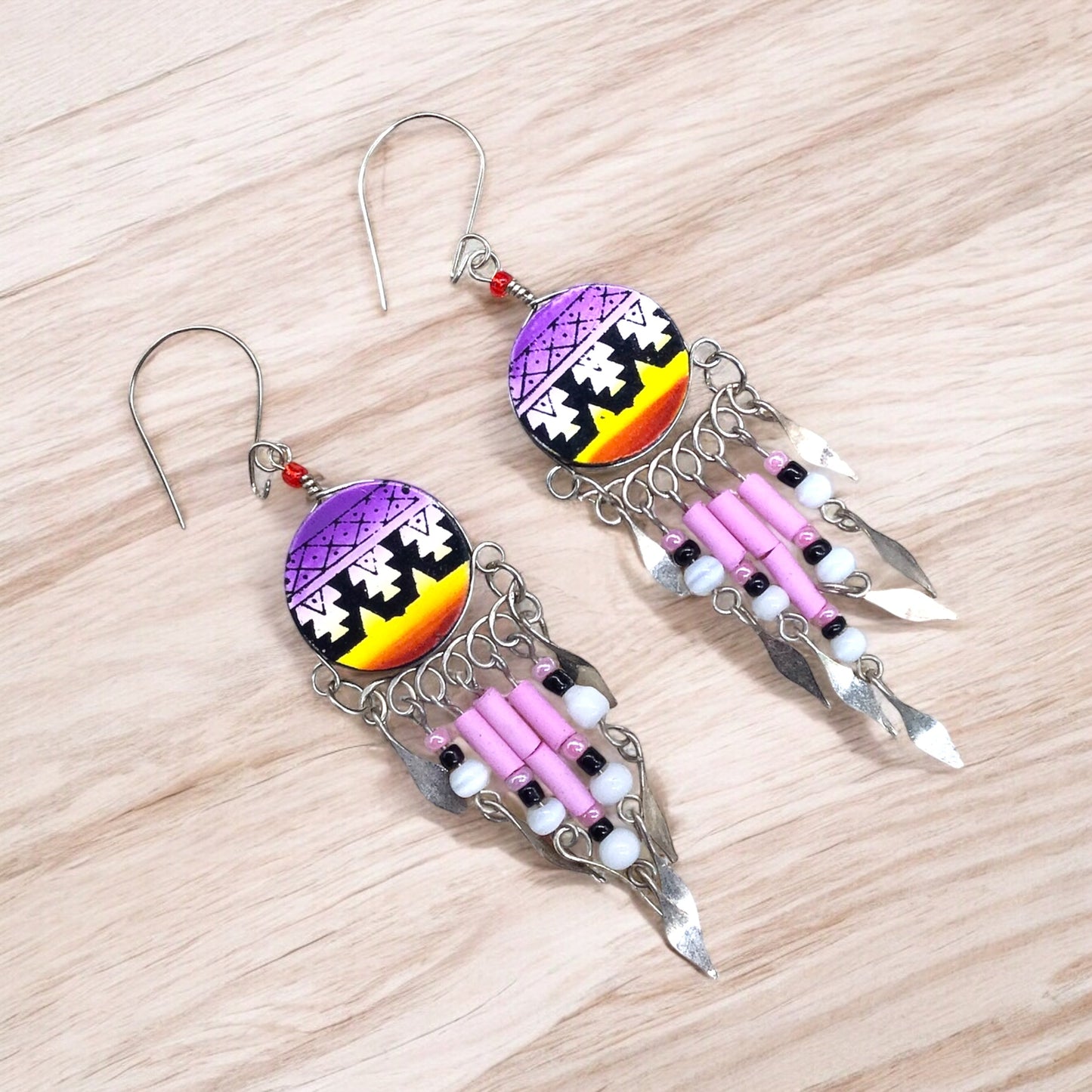 Purple and Yellow Southwestern Round Shaped Dangle Earrings