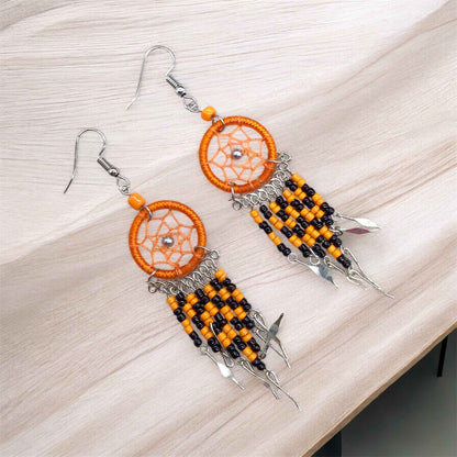 Orange and Black Beaded Dreamcatcher earrings