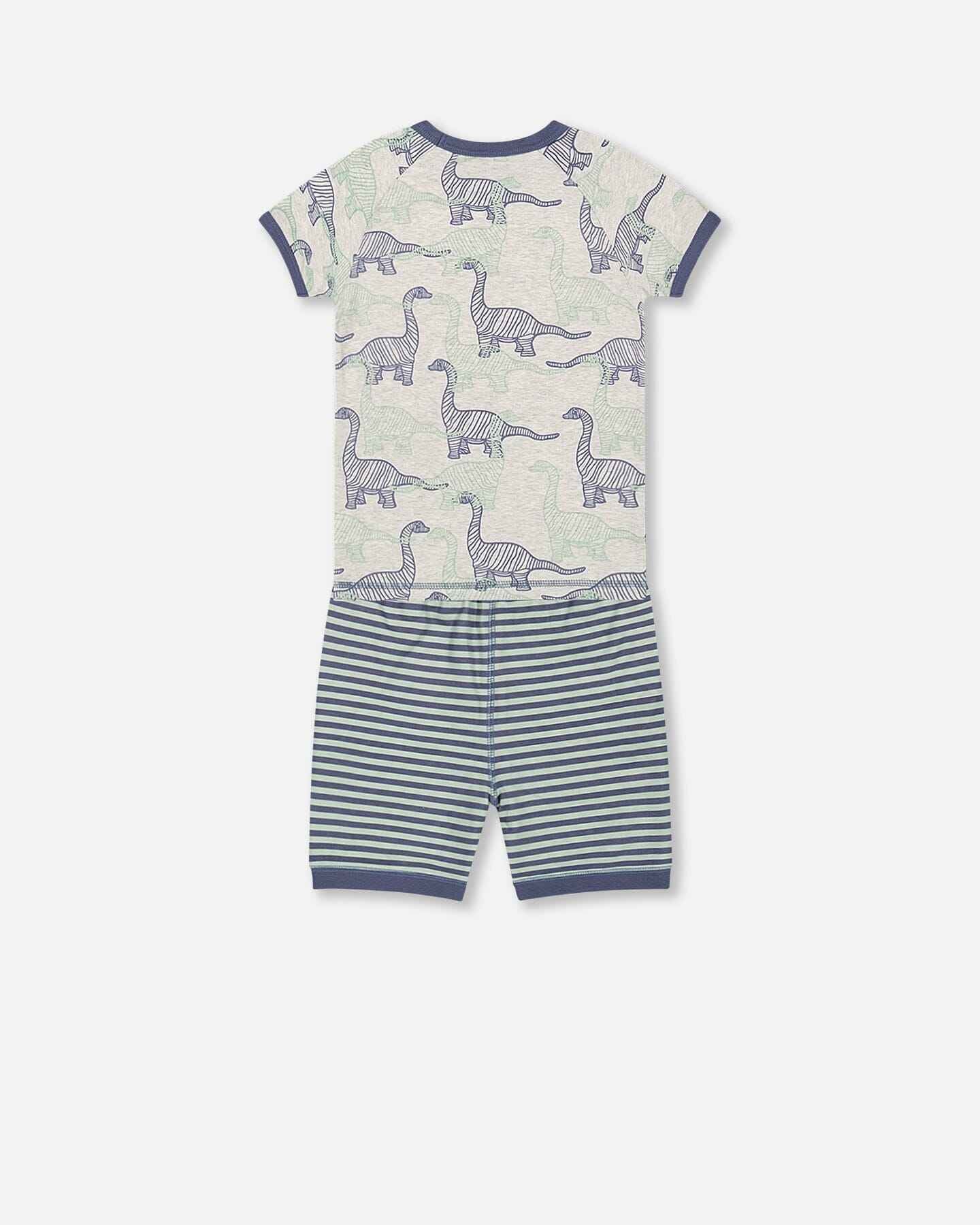 Organic Cotton Two Piece Short Pajama Set Heather Beige Printed Dinosaurs