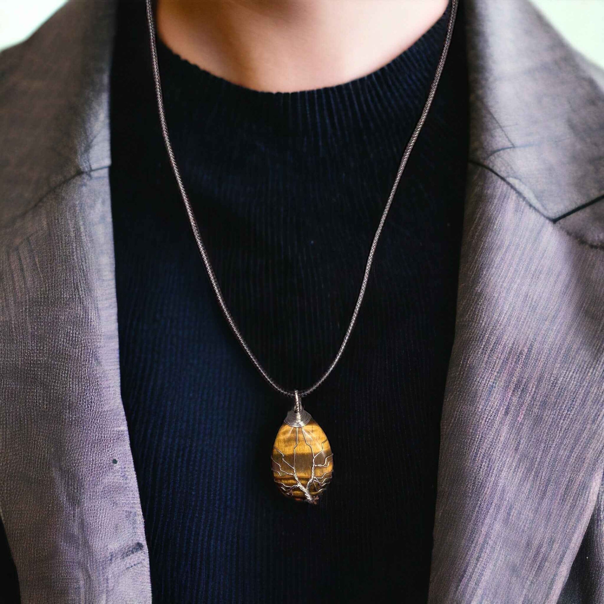 Yellow golden  tiger eyes Gemstone Pendant Wrapped w/ Silver Tree of Life