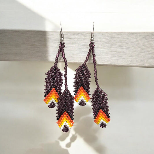OldTribes™ blackberry beaded Feather earrings
