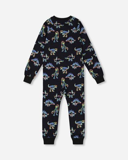 Organic Cotton One Piece Pajama Black Printed Neon Dino