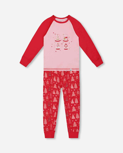Organic Cotton Two Piece Pajama Set Red Printed Christmas Tree