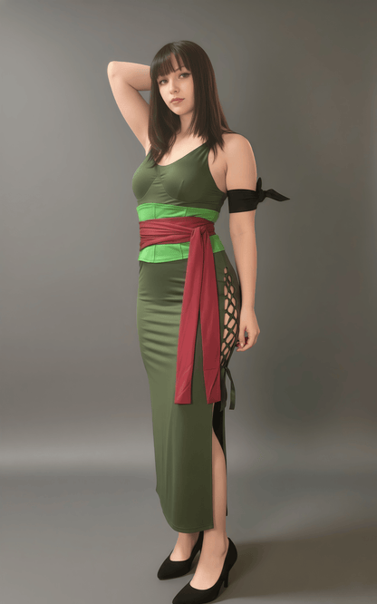 Female Zoro Cosplay Green Sleeveless High-slit Long Dress Halloween Costume