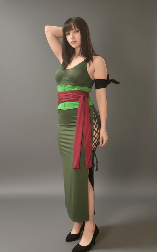 Female Zoro Cosplay Green Sleeveless High-slit Long Dress Halloween Costume