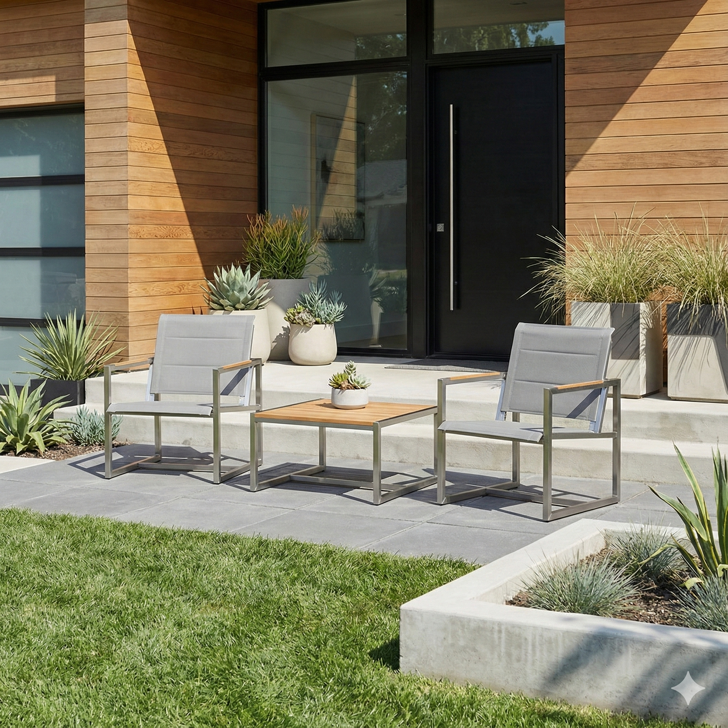 Pine Stainless Steel & Teak Outdoor Sling 2 Chairs Bistro Set - AURABAGS SHOP