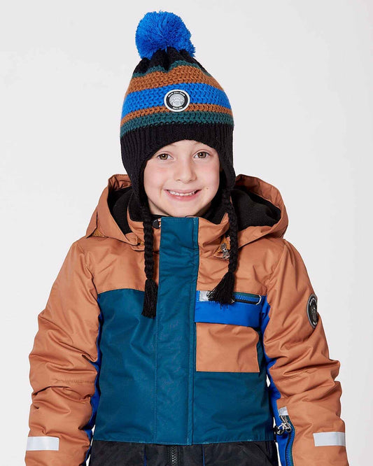 Lined Peruvian Knit Pompom Hat Black, Blue And Brown