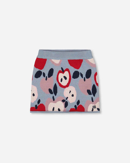 Knit Skirt Blue And Red With Apple Heart Jacquard