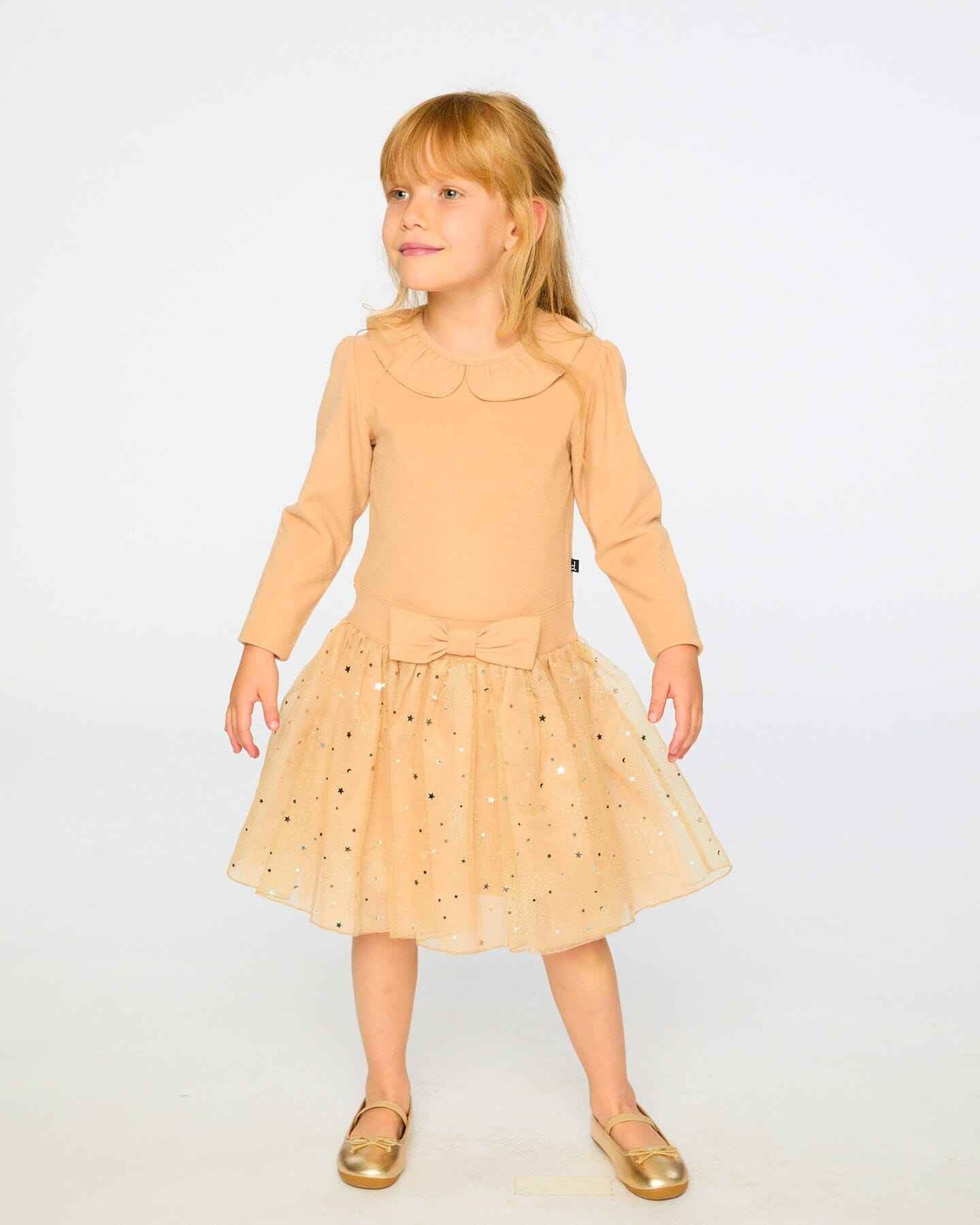 Bi-Material Dress With Glittering Skirt Beige