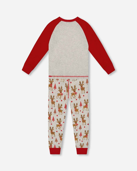 Organic Cotton Two-Piece Pajamas Beige Girly Reindeer Print