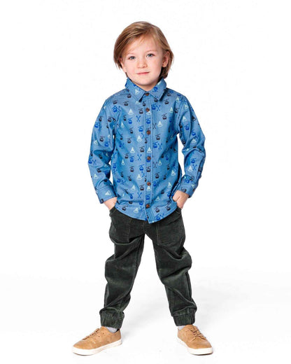 Printed Long Sleeve Button Front Chambray Shirt Blue
