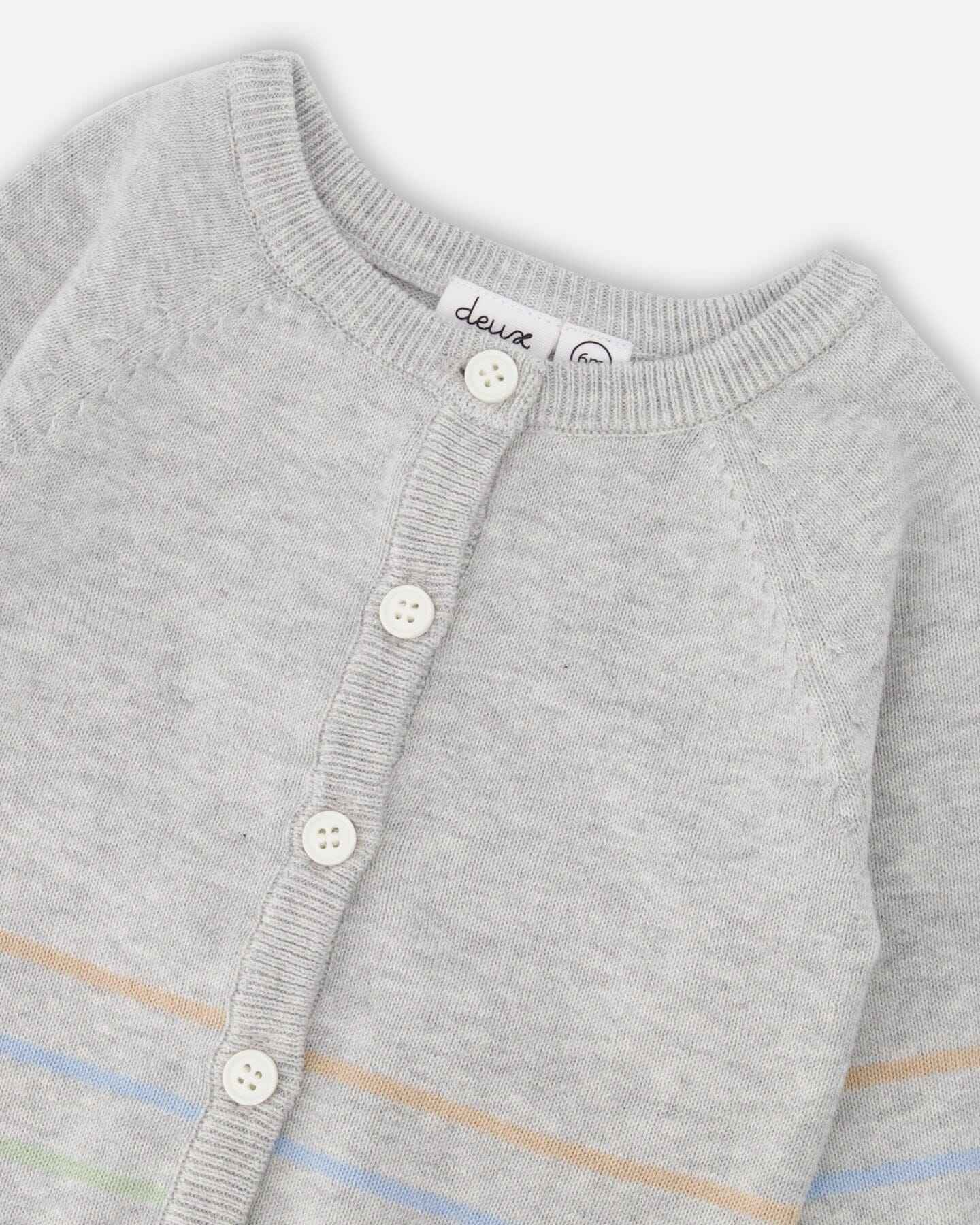 Cotton Knit Striped Button Front Cardigan Light Heather Grey