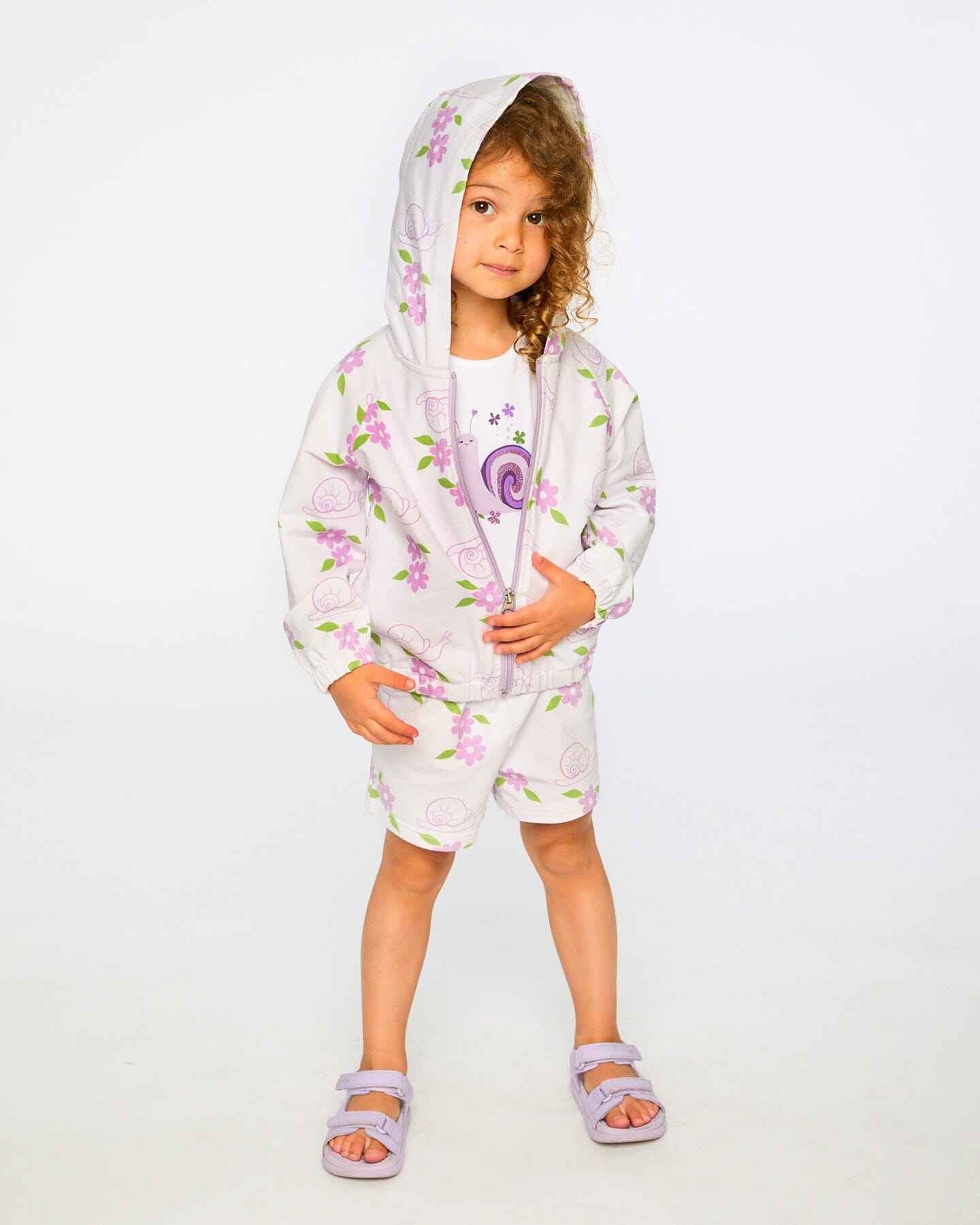 French Terry Hooded Cardigan Lilac Snails Print