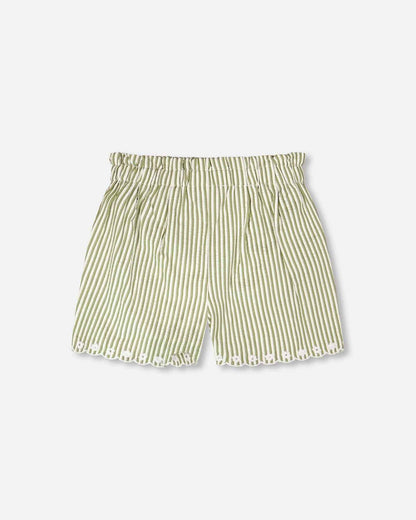 Shorts Green And Off White Stripes With Embroidery