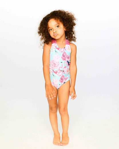 One-Piece Swimsuit Blue Flamingo Print