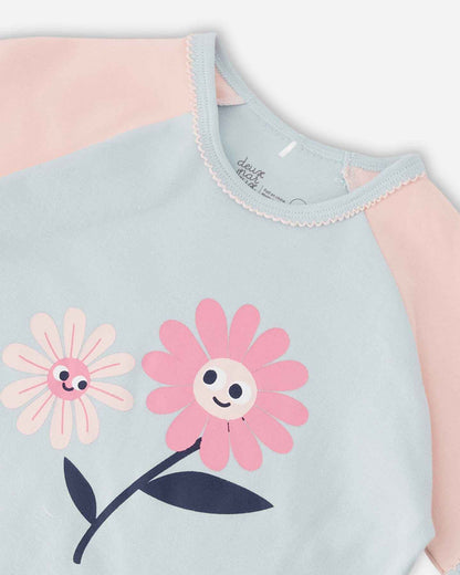 Organic Cotton Two-Piece Pyjama Set Blue Smiling Flower Print