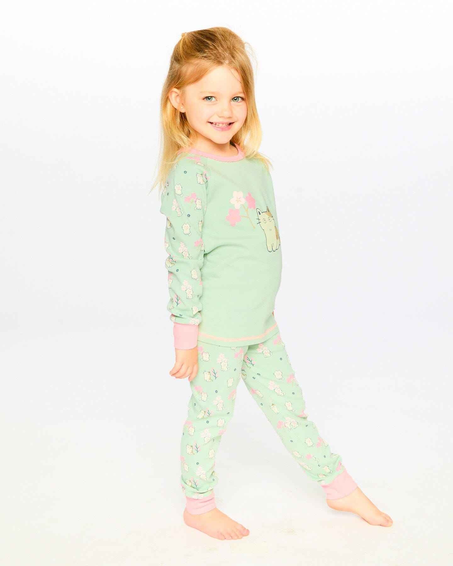 Organic Cotton Two-Piece Pyjama Set Green Kitten Print