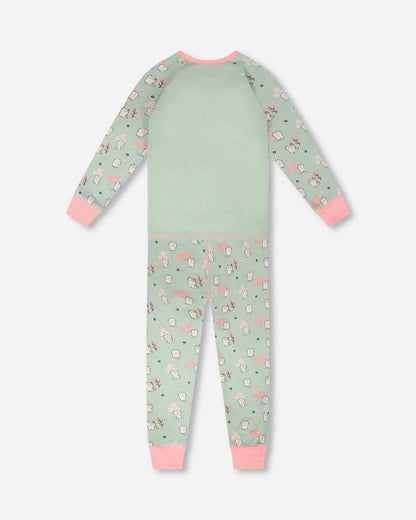 Organic Cotton Two-Piece Pyjama Set Green Kitten Print