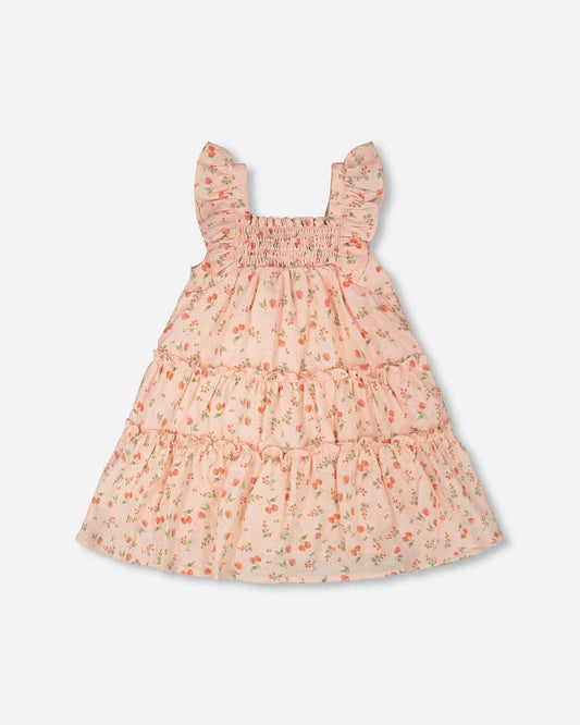 Multi-Tiered Dress With Smocking Pink Printed Flowers