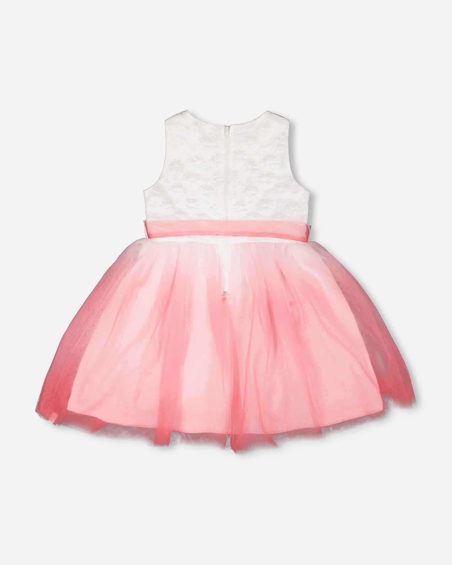 Bi-Material Pleated Mesh Dress White And Pink