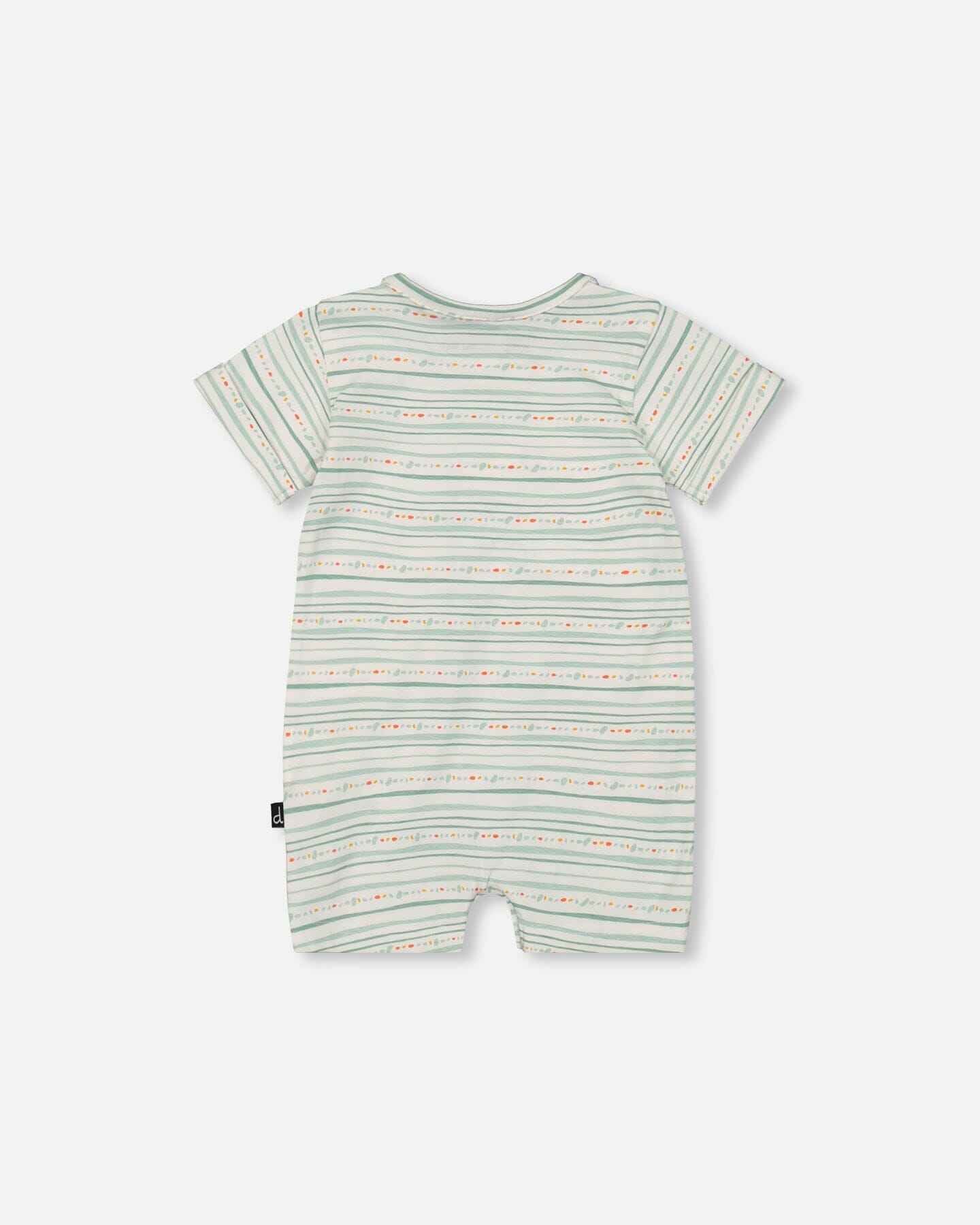 Organic Cotton Romper White Printed Mint Green Lines