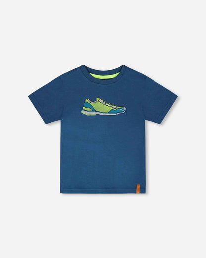 Organic Cotton Jersey T-Shirt With Print Dark Blue
