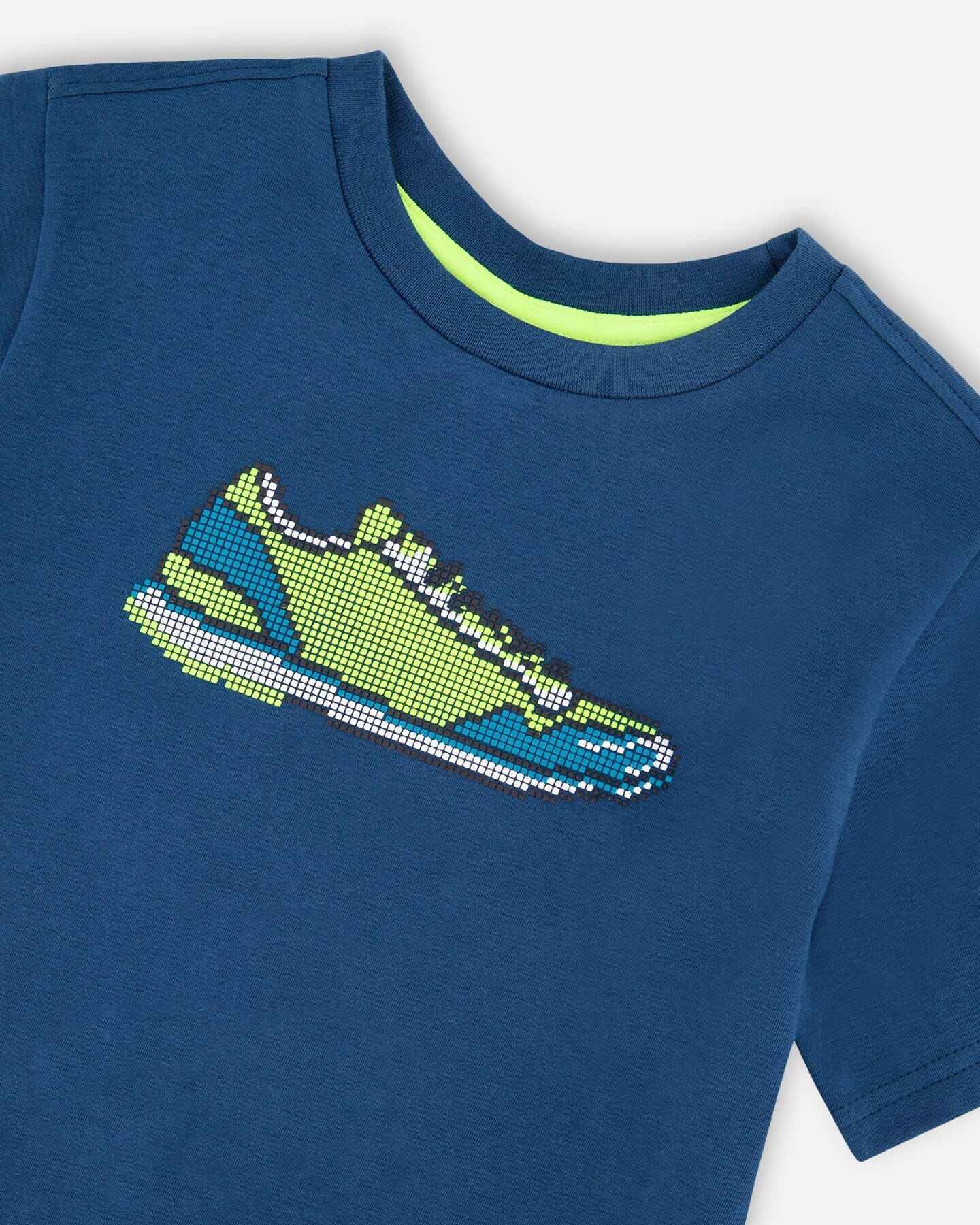 Organic Cotton Jersey T-Shirt With Print Dark Blue