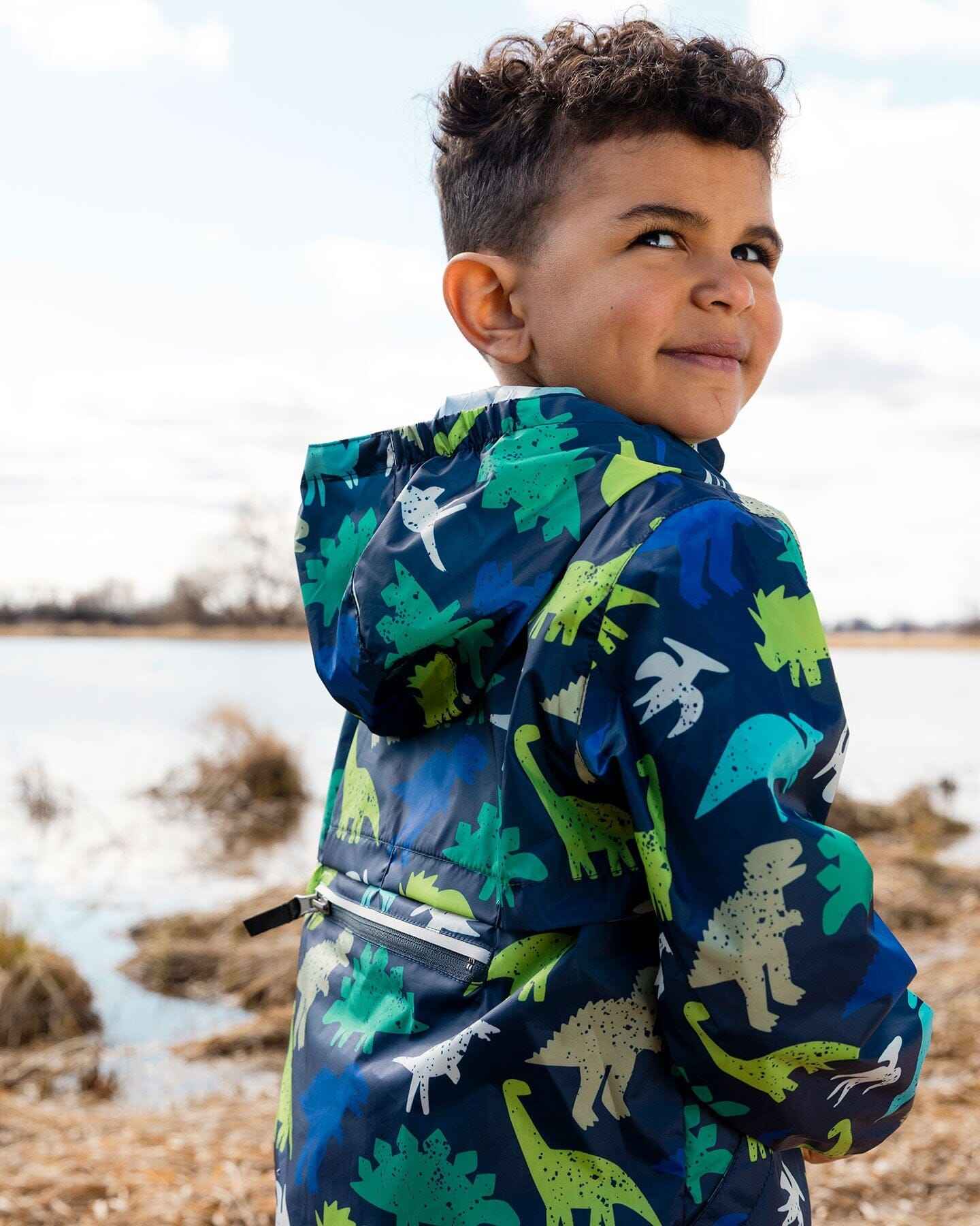 Packable Windbreaker In Polyester Blue Dinosaur Print