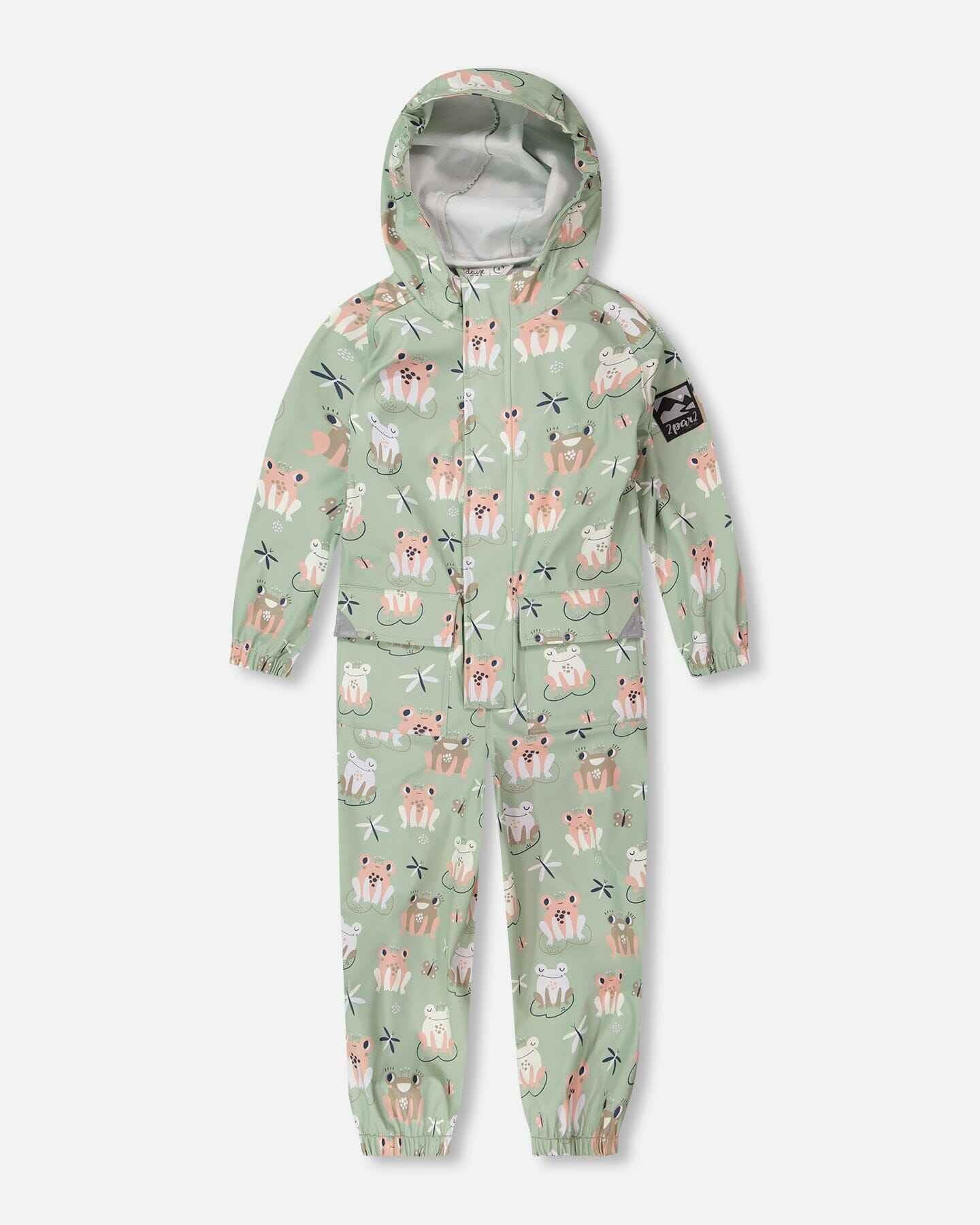 Green rain jumpsuit with color-changing frogs print