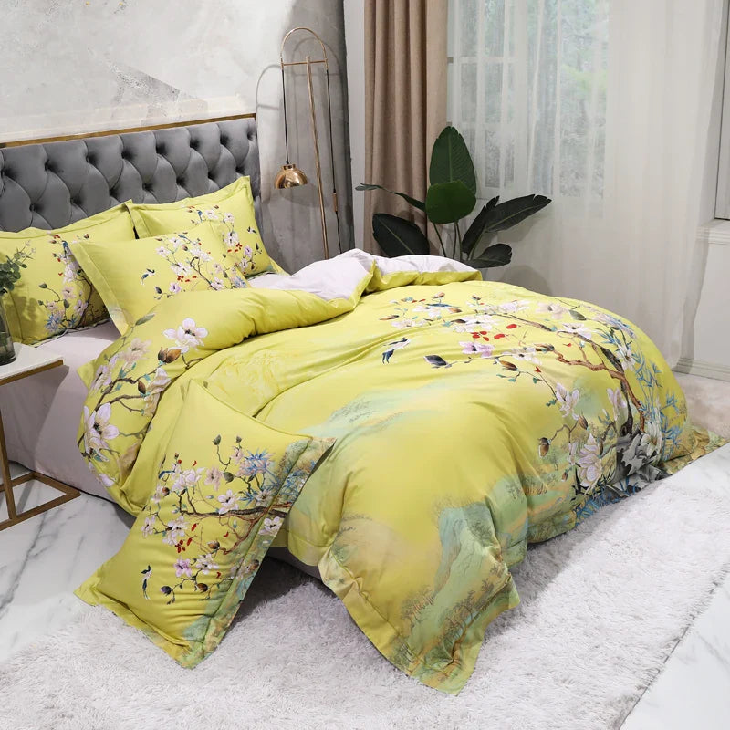 Wild Whimsy 600 TC Blumen-Bettwäsche-Set aus Baumwolle – Grün