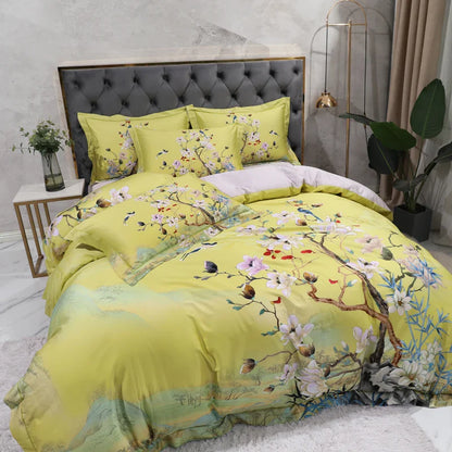 Wild Whimsy 600 TC Blumen-Bettwäsche-Set aus Baumwolle – Grün