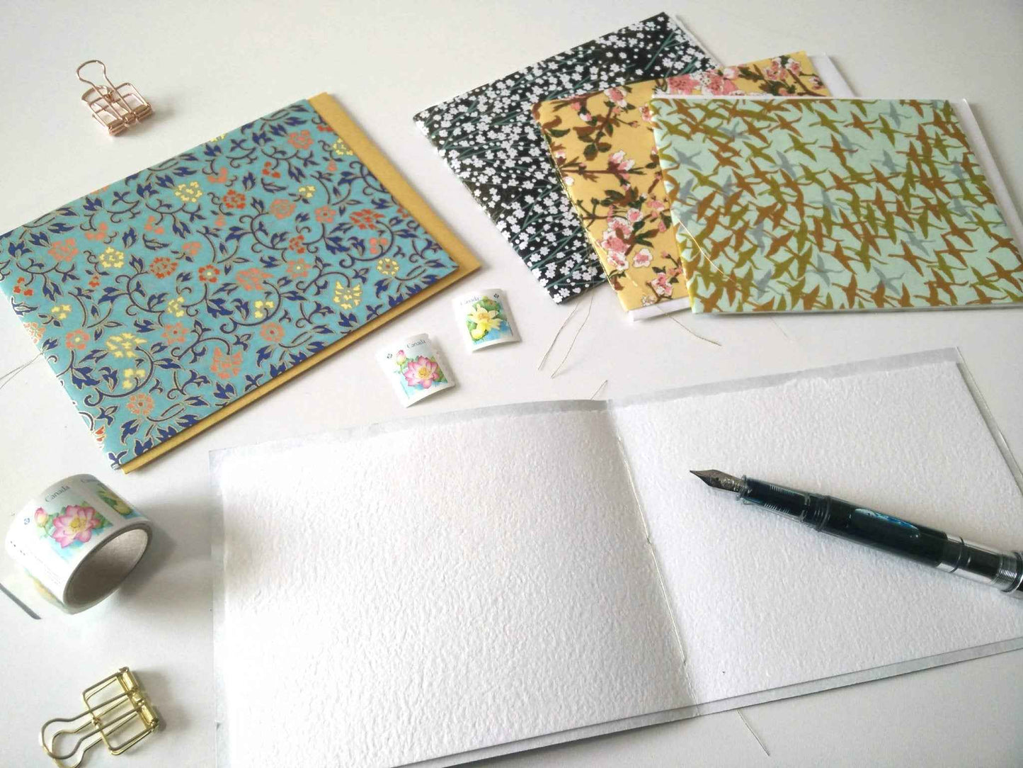 Handsewn Chiyogami Cotton Rag Blank Card | Metallic birds