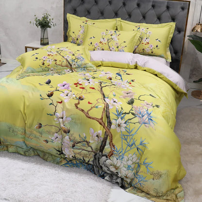 Wild Whimsy 600 TC Blumen-Bettwäsche-Set aus Baumwolle – Grün