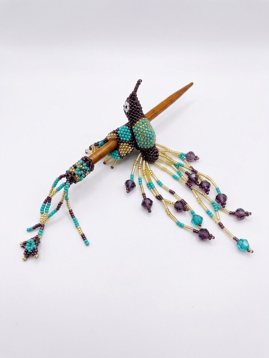 Dark purple Hummingbird Beaded Hair Stick