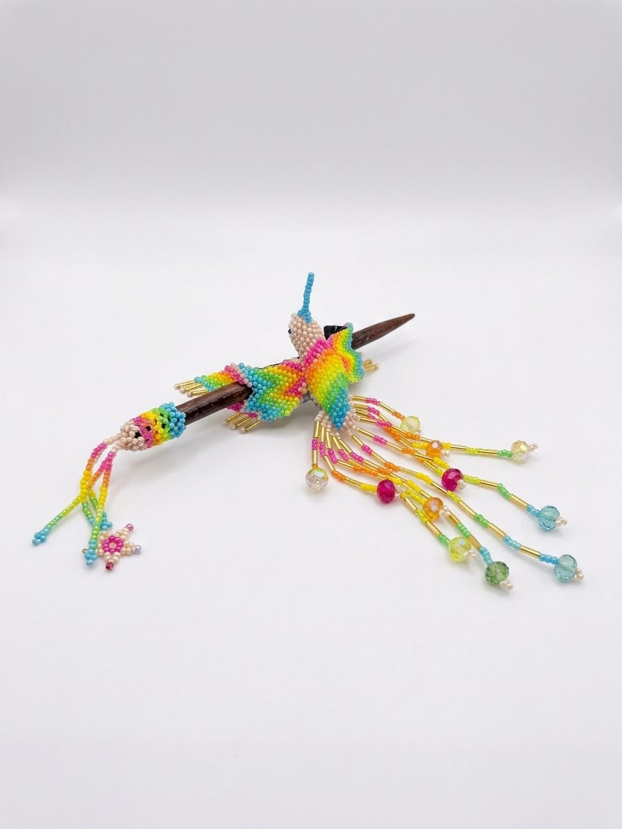 Beige Hummingbird Beaded Hair Stick