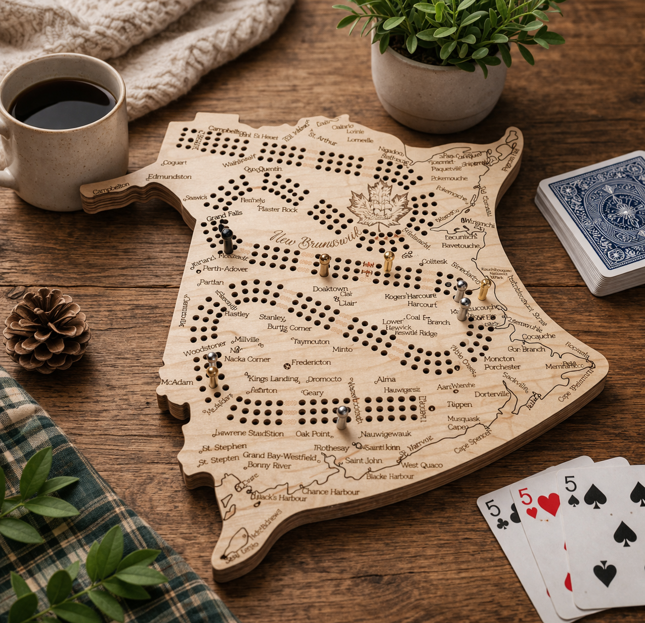New Brunswick Map Cribbage Board – Handcrafted Wooden Crib Board with Engraved Cities