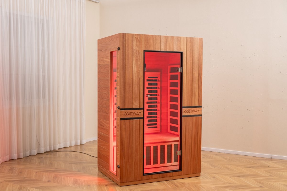 PREORDER NOVEMBER 2026-Costway 2-Person Dual Therapy Full Spectrum Infrared Sauna with Red Light Panel, WiFi App Control, Chromotherapy & Bluetooth – Okoume Wood- Fully Loaded Indoor Spa