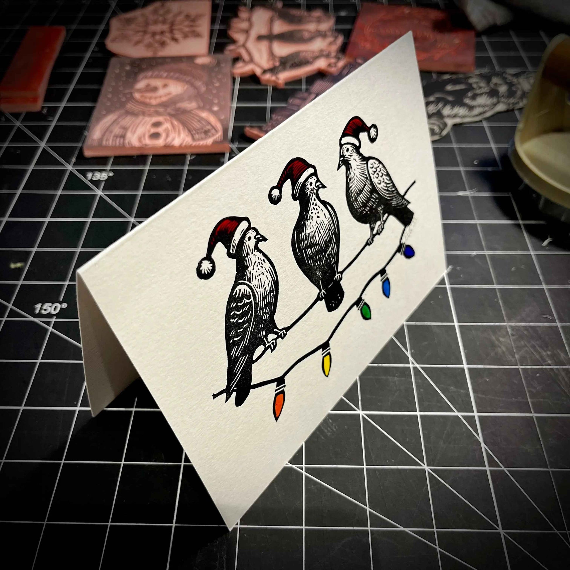 Three Pigeons Slaying Holiday Card | LINOCUT CARD