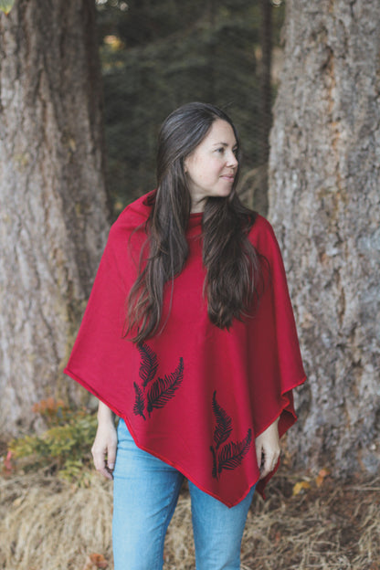 Scarlet Red Poncho with Fern Print