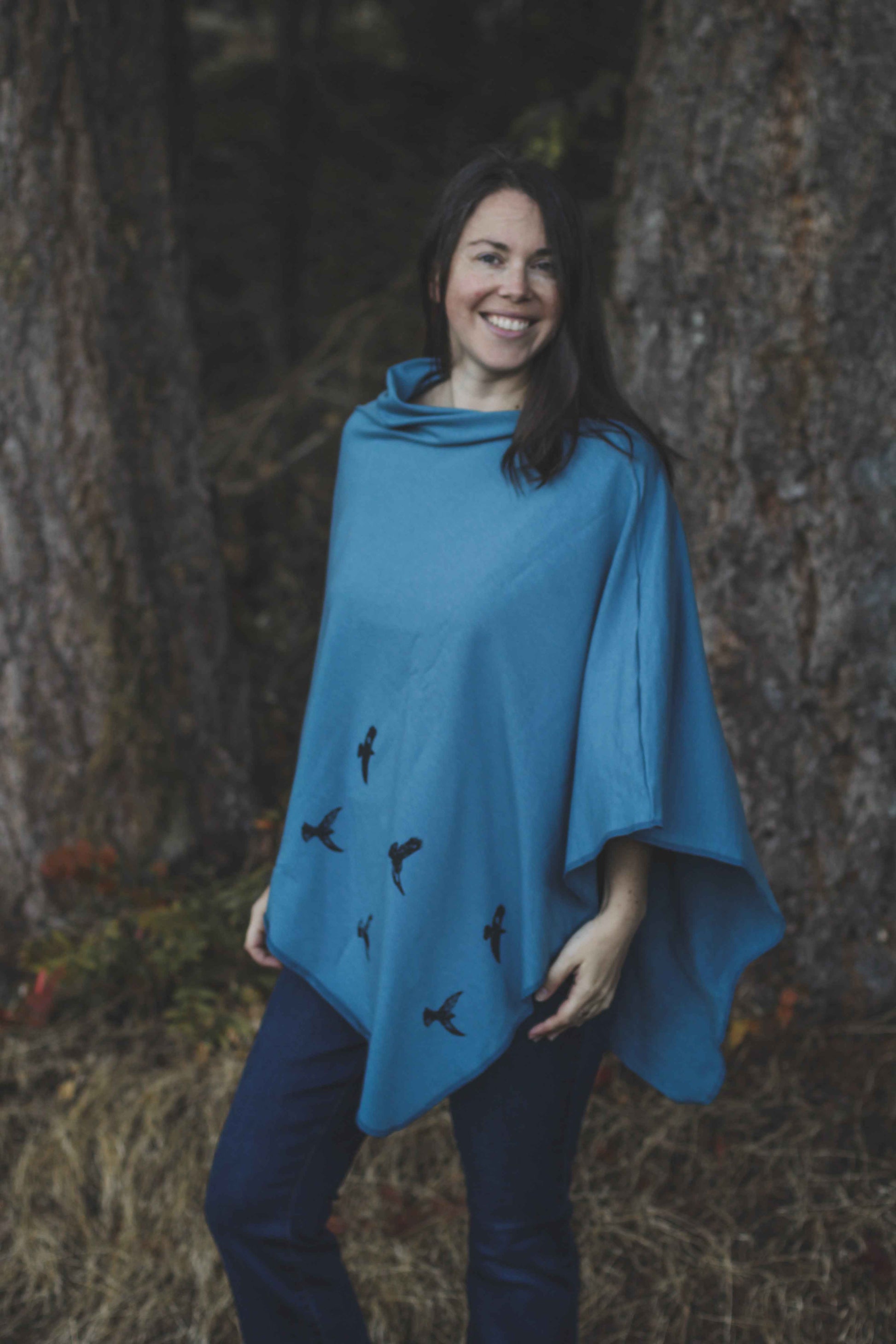 Stellar Blue Poncho with Birds Print