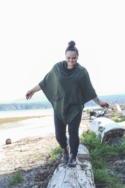 Forest Green Poncho with Fern Print
