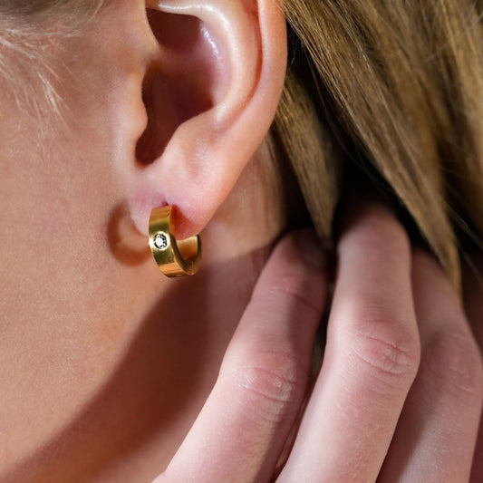 INIS: Wide Mini Hoop Gold Earrings with a Solitaire Zirconia Gemstone